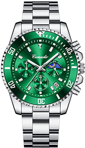 Orologio Uomo Cronografo Analogico, 30M Impermeabile Sportivo Orologio a LED da Polso Movimento al Quarzo Classico Luminoso Verde