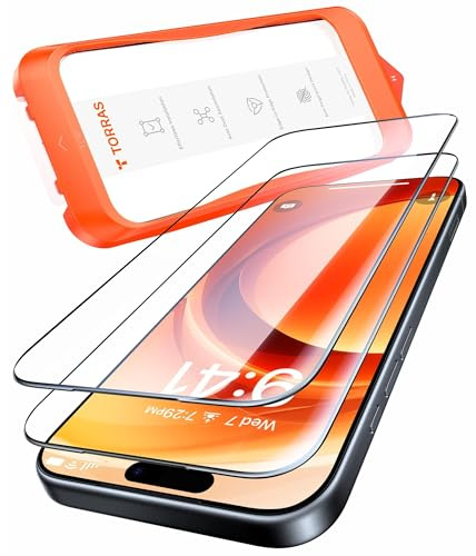 TORRAS für iPhone 15 Pro für Panzerglas Full Screen Schutzglas, 2 Stück | TOP Bruchsicherheit Schutzfolie für iPhone 15 Pro 9H+ Folie [Auto-Installation] Anti-Fingerabdruck, Kompatibel mit Hülle