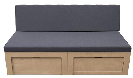 Monster Shop Sofá/Cama Furgoneta-Camper | 1800x1100mm (Cama Armada) | Madera Abedul | Cojines 8cm Grosor INCLUÍDOS | Diseño Extensible | Almacenamiento bajo Banco y 2 Redes | Kit de fijación