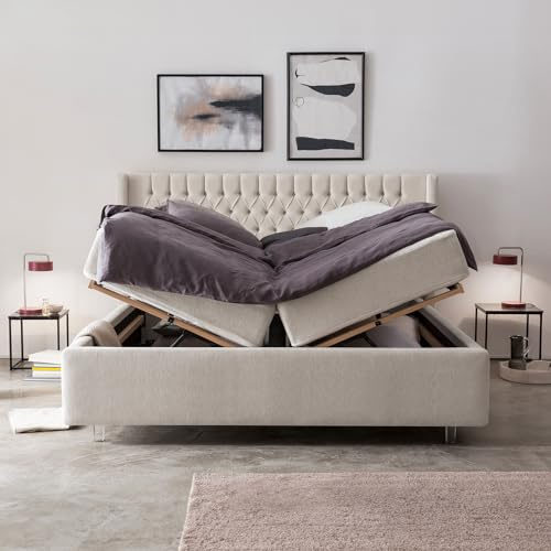 Bett mit Bettkasten 200x200 Florida Teddystoff, mit Matratze, Lattenrost, XXL Stauraum, Kopfteil mit Ohren, Doppelbett (Altweiß, 200x200 cm mit Matratze)