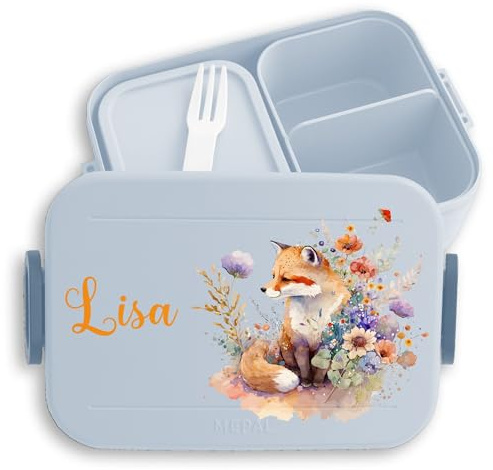 Kinder Bento Box Midi Lunchbox für Mepal Bentobox - Süßer Fuchs Brotdose Süße Füchsin Jausenbox Füchse I - 900 ml - Hellblau - name personalisierte fuchsmotiv fox snackbox junge personalierte