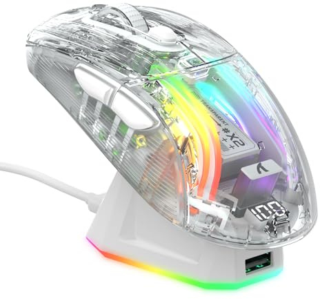 ATTACK SHARK X2 Pro Kabellose Gaming Maus mit Charging Station, Leise Maus Tri-Mode(BT5.0/2.4G Wireless/Typ-C), 4000 DPI RGB Bluetooth Maus Wiederaufladbare, Transparente Schale, für PC/MAC, Weiß
