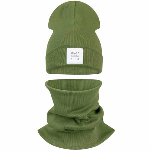 CiuchCiuch Set Mütze und Schal Gestreift für Babys - Mütze für Mädchen – Jungen – Kinder – Schal – Für Spaziergänge – Für Herbst und Frühling Khaki 52-56
