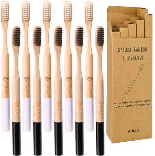 Spazzolino da denti in bambù, setole medie, dure, per adulti, confezione da 10, spazzolino da denti in legno, spazzolino da denti biologico naturale (nero bianco 10p)