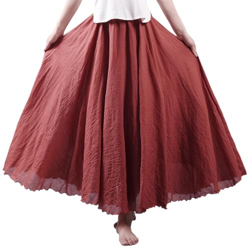Beautyhis Falda bohemia de lino de algodón para mujer, falda larga de lino de verano para mujer, vestido acampanado con cintura elástica, faldas largas fluidas, rojo óxido, 36