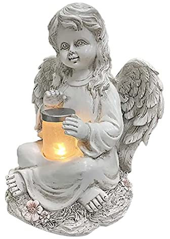 Liummrcy Statuette de Fée Ange avec Lumière Solaire - Figurine de Jardin en Résine - Décoration Gardien Angel