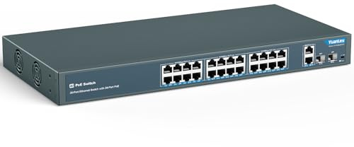 YuanLey 24 Port PoE Switch mit 2 Gigabit Ethernet Uplink, 2 SFP Port, 400W PoE+ Port Konform 802.3af/at, Unverwaltet Netzwerk Switch mit AI Watchdog, VLAN, Erweitert auf 250m, Rackmount Plug and Play