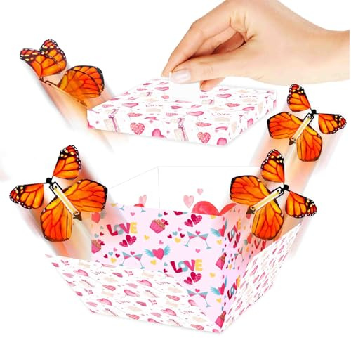enxingo Schmetterlings Explosion Geschenkbox, Fliegende Schmetterlinge mit Box 15*14.8*12.5cm, Überraschung Geld Geschenkverpackung für Valentinstag, Weihnacht, Muttertag, Geburtstag, Hochzeit (Weiß)