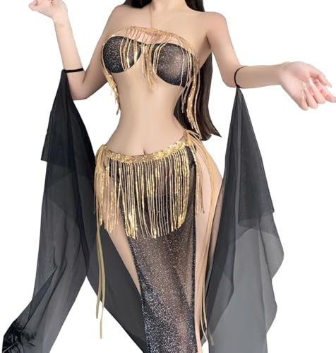 SNOMYRS Costume da rave sexy, per cosplay, lingerie con frange e paillettes, set bikini con gonna a rete in pizzo copricostume egiziano Qipao Cheongsam, nero