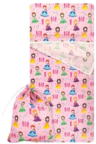 Set für Kindergarten, Schlafsack und Beutel für Jungen und Mädchen von 2 bis 6 Jahren, gesteppter Stoff, 100 % Baumwolle, Prinzessinnen, Kindergartendecke