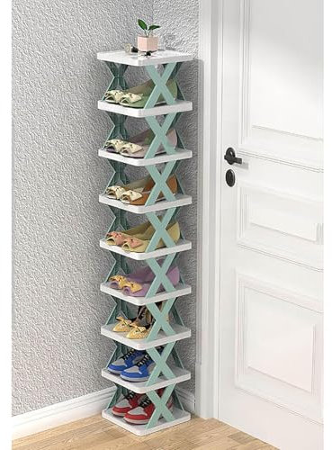 Einfaches Schuhregal aus Kunststoff, vertikal, stapelbar, freistehend, platzsparend, Aufbewahrungsschrank für Eingangsbereich, Eckschrank, Flur (26 cm B x 24 cm T x 130 cm H, Blau 9)