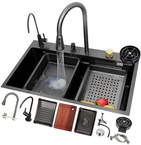 Fregadero De Cocina De Acero Inoxidable Versátil, Fregadero De Gran Capacidad De Un Solo Tazón Con Cascada, Fregadero De Barra De Estación De Trabajo Con Montaje Superior Con Grifo Extraíble Y Juego C