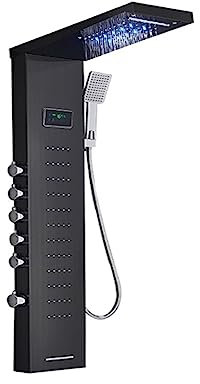 XFZJCHAP Thermostatic Shower Mixer Set Shower Faucets,Mixer Tap Black Bathroom Shower Panel, LED Shower Column with Digital Display (Black 8009 1)