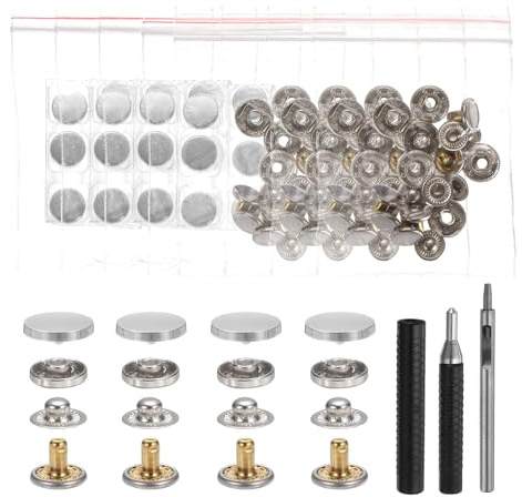 sourcing map 24 Set Leather Snap Fasteners Kit 15mm Metal Snap Button Press Studs Leather Rivets Snaps with 3 Setter Tools for Clothes Jackets Jeans Wears Bags, Silver Tone