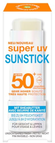 Garnier Ambre Solaire LSF 50+ Super UV Sunstick, transparent & nicht fettend, für Gesicht & Lippen, hoher UV-Schutz, pflegend mit Shea Butter & Vitamin E, 8h Feuchtigkeit, 9g