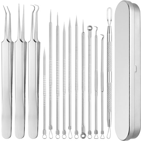 Juego de 14 piezas de removedor de puntos negros, kit profesional para eliminar espinillas, kit de reventón de puntos negros con pinzas y funda, kit de extractor de comedones de acero inoxidable para