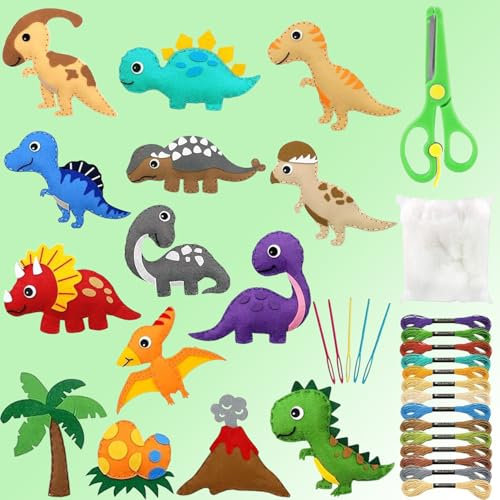 Cerkkapo Nähset Basteln kinder Bastelset Nähen Diy Filz Set 14 Stück Filztiere Dinosaurier Nähset mit Farbige Stickgarn Plastiknadeln Schere Füllwatte Nähen für Anfänger Kinder ab 5 6 7 8 9 10 Jahre