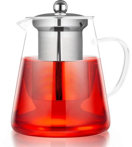 Spring Chef Heat-Resistant Borosilicate Glass Strainer Teapot, 950ML/33.43OZ Round Glass Teapot with Infuser, Removable Infuser Tea Pot Handmade