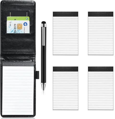 Cptoion 6 Stück Mini Notizblock Set, A7, Schwarz | PU Leder Notizbuch, 4 Ersatzblöcke, 1 Metall Stifte, Taschennotizblock for Aktivitäten im Freien