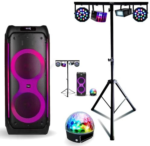 Pack Enceinte Bluetooth USB Active Autonome Ibiza 1200W COLUMBA1200 - Pied Support Lumière - 4 Jeux Lumières Astro Derby Strobe