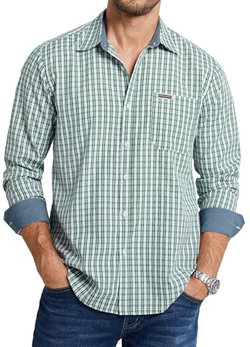 Enlision Chemise Homme a Carreaux Manches Longues Chemises Vert et Blanc Carreaux Homme en Boutons de Été Country 2XL