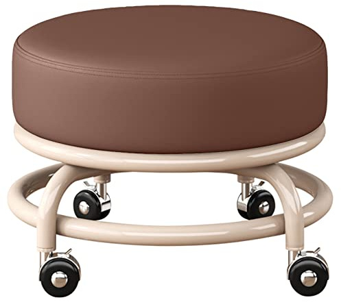 erkebspm Rollender niedriger Hocker auf 4 Rädern, Wohnzimmer-Eingangswechselschuhe Drehhocker mit rundem PU-Sitz und lackiertem Rahmen, Höhe 25 cm (Farbe: Braun)