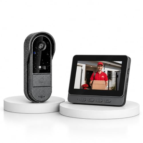 Doorbell Camera Wireless No Subscription Video Door Bell with Wired Screen Two-Way Audio 170° Angle Wide Camera Night Vision IP65 Waterproof for Outdoor No APP No WiFi,Easy to Use for Elder