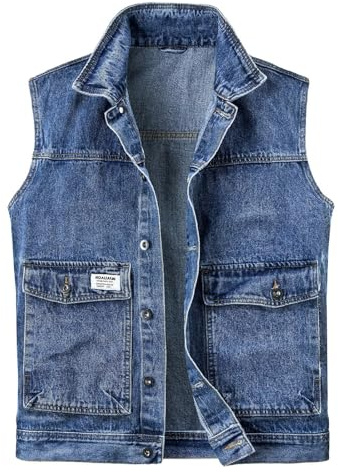 Duohropke Weste Herren Jeansweste Zerreißendes Deko Denim Vest Ärmellos Jeansjacke mit Taschen Cowboy Jacke Motorradweste Bikerweste Kriegsjacke Sommer Freizeitweste Anglerweste Retro Gilet