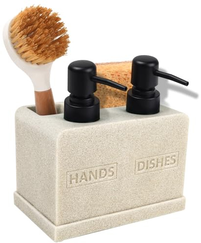 Hand and Dish Soap Dispenser Set for Kitchen Sink,Dual Soap Dispenser with Sponge Caddy and Brush Holder 4-in-1 Countertop Organizer for Kitchen Bathroom,Useful Kitchen Gadgets-Beige