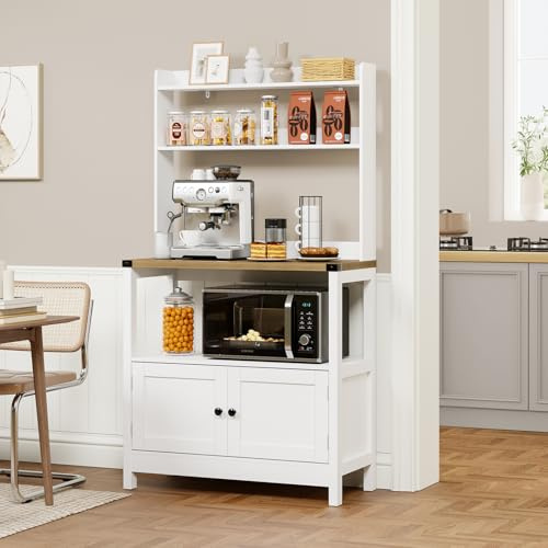 Lomojo Microwave Standing Baker's Racks 5-Tiers Cabinet (White and Brown) | Freestanding Kitchen Coffee Bar,Farmhouse Floor Hutch Door Thickened Counter, Utility Storage Bakers Rack with Shelf Storage