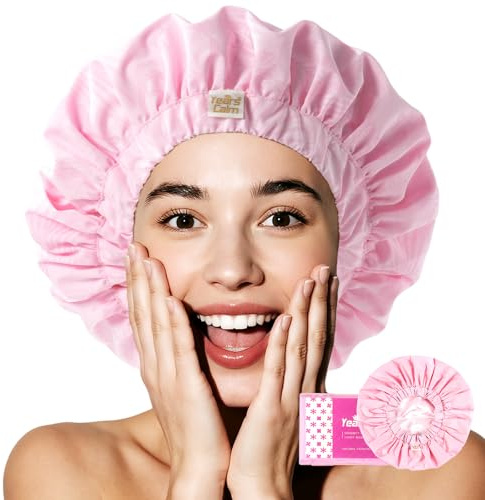 Years Calm Color Changing Shower Cap, Waterproof Shower Cap for Women - Reusable, Satin Lining, Bathing Cap for Various Hairstyles, Fits Spa/Shower/Cooking (Pink)