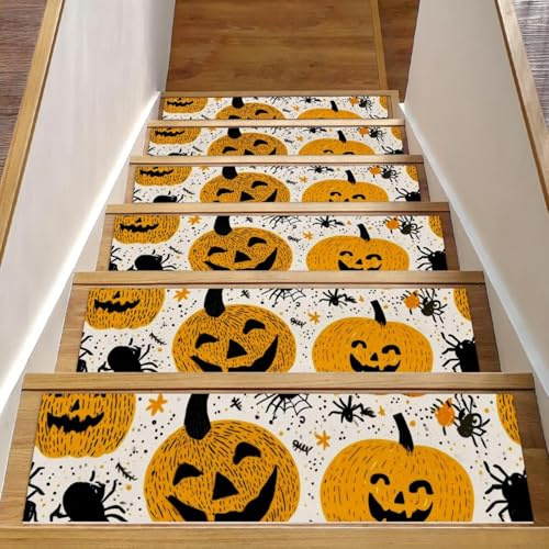 Tappetini per scale in legno, motivo zucca di Halloween, confezione da 15 pezzi, 76,2 x 20,3 cm, antiscivolo, per interni, per cani, bambini, anziani, con adesivo riutilizzabile