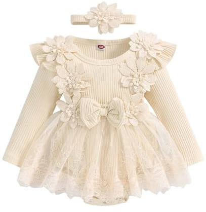 Generisch Juego de Ropa para Bebé Niña de Manga Larga con Estampado Floral, Bodys con Encaje, Vestido y Diademas para Recién Nacidas, beige, 0-3 meses