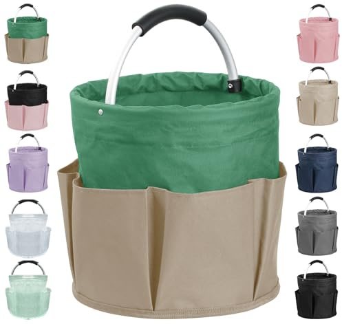 IHOMAGIC 17L Cesto porta Attrezzi da Giardino, Cestino Picnic con 6 Tasche, Borsa Porta Attrezzi Portatile in Tessuto Oxford 600D, Cestini Portaoggetti per il Campeggio, la Spesa, Cachi con Verde