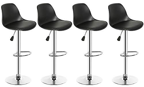homewell Barstol set med 4, krombas, PP och PU barstolar, kökspall med ryggstöd, kuddar och fotpall, matsal, bänk, lätt att rengöra (svart)