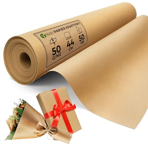 V1 Trade Rollo de papel de estraza de 44 cm x 50 m, color marrón, 50 g/m², papel de regalo, material de embalaje, rollos de papel para manualidades y embalaje, reciclable y natural