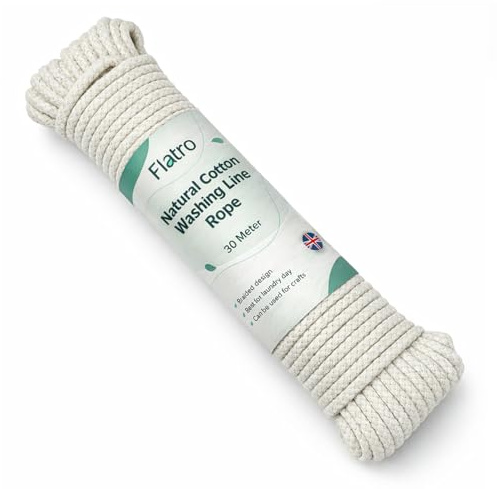 Flatro Washing Line Rope for Clothesline | 30M Soft Braided Natural Cotton Clothes Line for Outside | 4mm Thick Strong Washing Line Rope Cord | Snag & Tear Resistant Washing Lines Outdoor (30M)