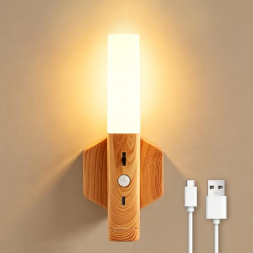JTgugu LED Wandleuchte Innen mit Bewegungsmelder, USB Aufladbar Holz Innen | Magnetische Akku Wandlampe Warmweiß, Tragbare Bettlampe/Nachtlicht für Schlafzimmer Wohnzimmer Flur Treppenhaus