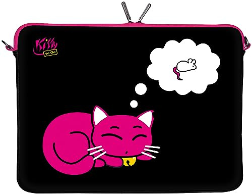 Kitty to Go LS143-10 Designer Laptop Neopren Schutzhülle 10 Zoll PC Netbook Tasche 9,7 bis 10,1 & 10,5 Zoll (26,67 cm) Sleeve Hülle Case Katze rosa-schwarz