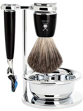 MÜHLE Rasierset mit Schale - Rytmo Serie - Reines Dachshaar - kompatibel mit Gillette-Klingen - Edelharz schwarz