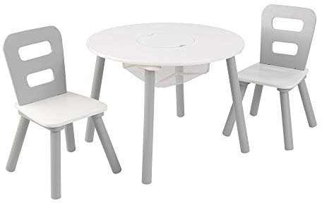 KidKraft Runder Kindertisch mit Stauraum und 2 Stühlen aus Holz - Kindersitzgruppe mit Aufbewahrungsfach, Kinder Tisch Stuhl Set, Kinderzimmer Möbel, 26166