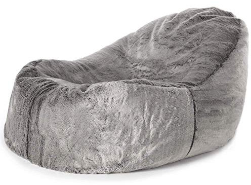 icon Lounger Faux Fur Bean Bag Chair, Grey, Large Adult Bean Bag with Filling Included, Comfy Chair, Living Room, Living Room Furniture, Bedroom Furniture