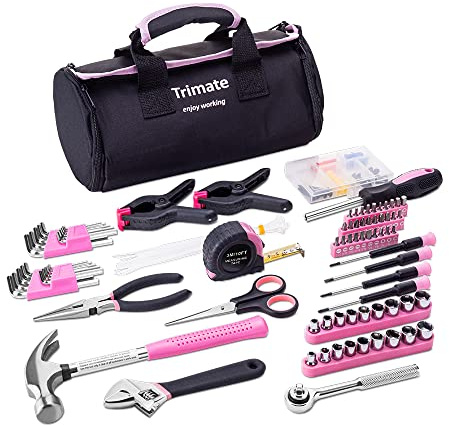 Haushalt Werkzeug Set, 86-teiliges mit Rolltasche, Trimate(Hammer, Schlüssel Set, Schraubendreher, Zange) – tolle für das Haus oder Auto (Rosa)