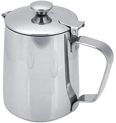 Pichet En Acier Inoxydable Tasse De Lait Pichet Cruche Avec Couvercle Pour Art Du Café Latte Pour Cuisine De Bureau Avec Poignée(350 ml-Argent)