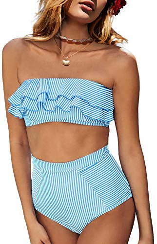 Saodimallsu Women High Waisted 2 Piece Bikini Set Bandeau Ruffle Swimsuit Top Striped Bathing Suits Blue