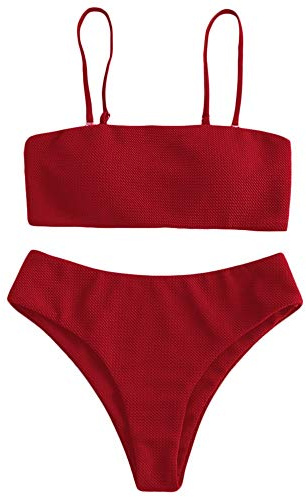 ZAFUL Damen Bikini Set, Texture Bandeau Bikini Set mit Gepolsterter High Cut Sexy Badeanzug (Rot-S)