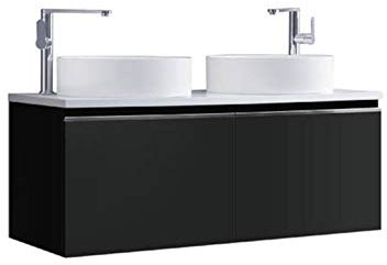 StoneArt Badmöbel Set Mineralguss Waschbecken Waschschale Aufsatzwaschbecken und Unterschrank Waschtisch Einzel- oder Doppelwaschbecken Milano ME-1200pro-6 dunkelgrau 120cm