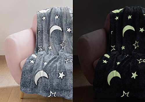 HOMES-LINEN Glow In The Dark Grey Fleece Blanket Throw with Moons and Stars Pattern Super Soft Blanket for All Seasons (Grey, 100cm x 150cm)