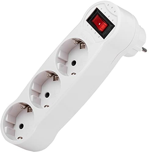BeMatik - Dreifacher weißer Schuko-Steckeradapter-Multiplikator mit SchalterMultiplicador de adaptador de plugue Schuko Branco triplo com