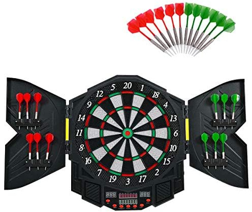 RELAX4LIFE Elektronische Dartscheibe, Dartboard mit 12 Pfeilen & Ersatzsspitzen, Dartautomat mit 27 Hauptspielen & 216 Spielvarianten, Dartplatte für 1-8 Spieler, LED-Bildschirm & Integrationssystem